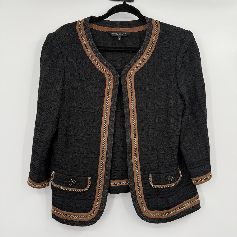 Ming Wang Jacket Womens Large Black Brown Trim Open Button Embroidered